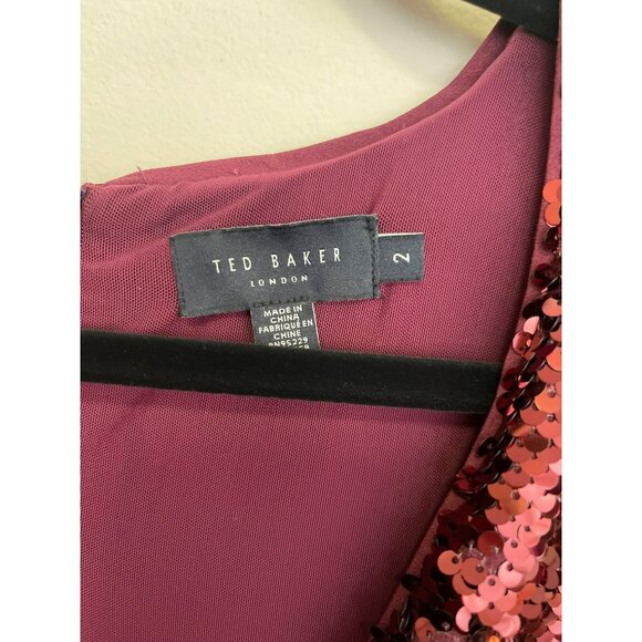 Ted Baker Sequins Burgundy Wine Emmalee Surplice Midi Dress US 6 - Picture 8 of 9